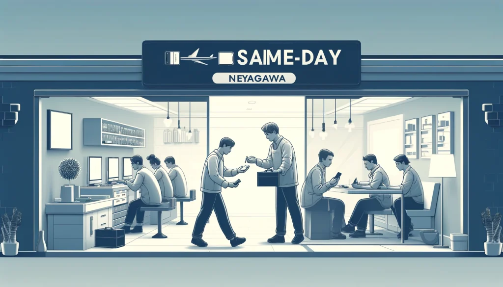 「寝屋川でのiPhone即日対応サービスを示すイメージ。忙しい方にも対応できる迅速な修理サービスが強調され、清潔で整った修理環境でプロの技術者が顧客に対応している。」